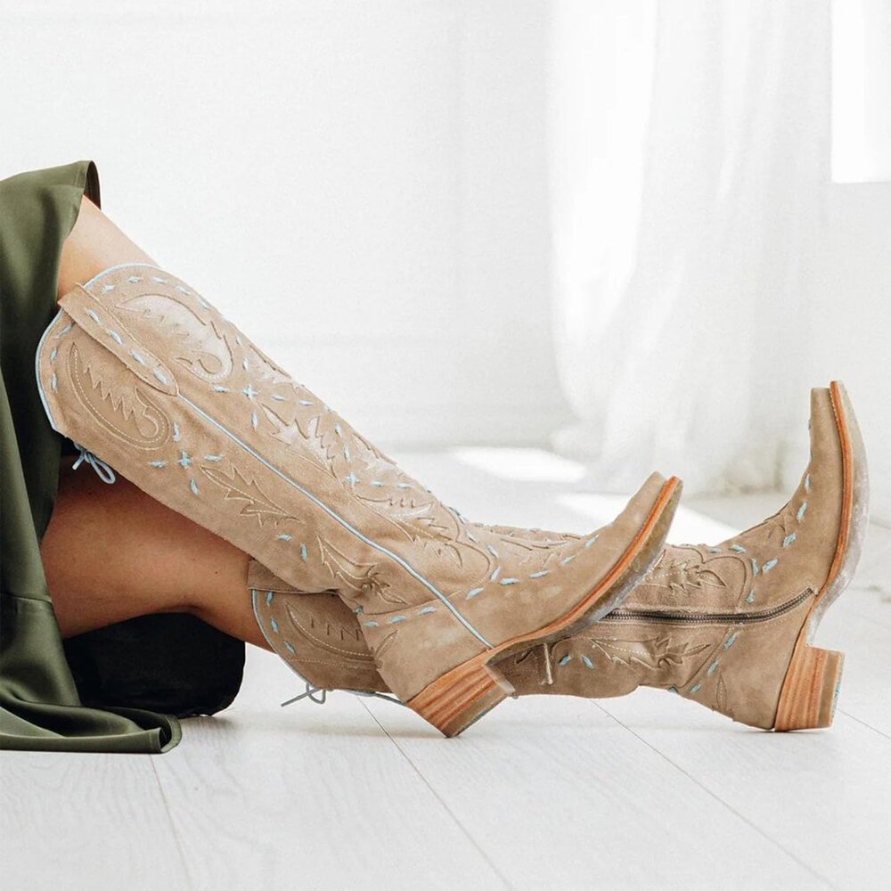 Women's Back Lace Chunky Heel Western Side Zipper Embroidered Brown Boots - Picture 4 of 7